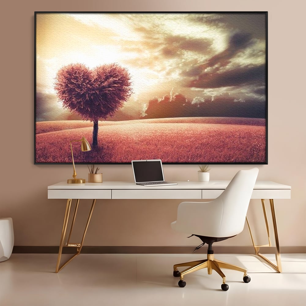 Tablou canvas cu tablou canvas cu un copac in forma de inima, in rama de aluminiu negru, pe perete intr-un birou