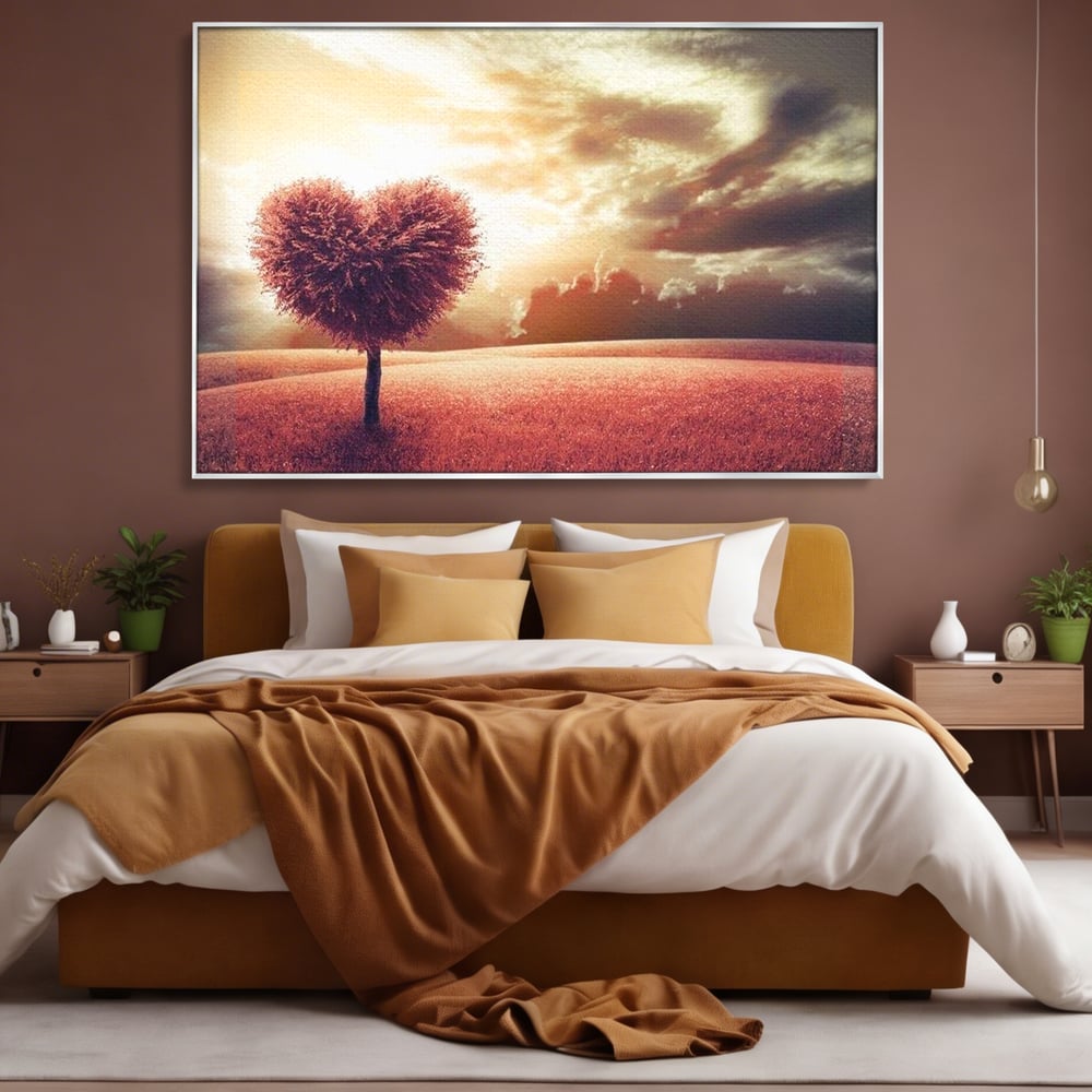 Tablou canvas cu tablou canvas cu un copac in forma de inima, in rama de aluminiu argintiu, pe perete intr-un dormitor