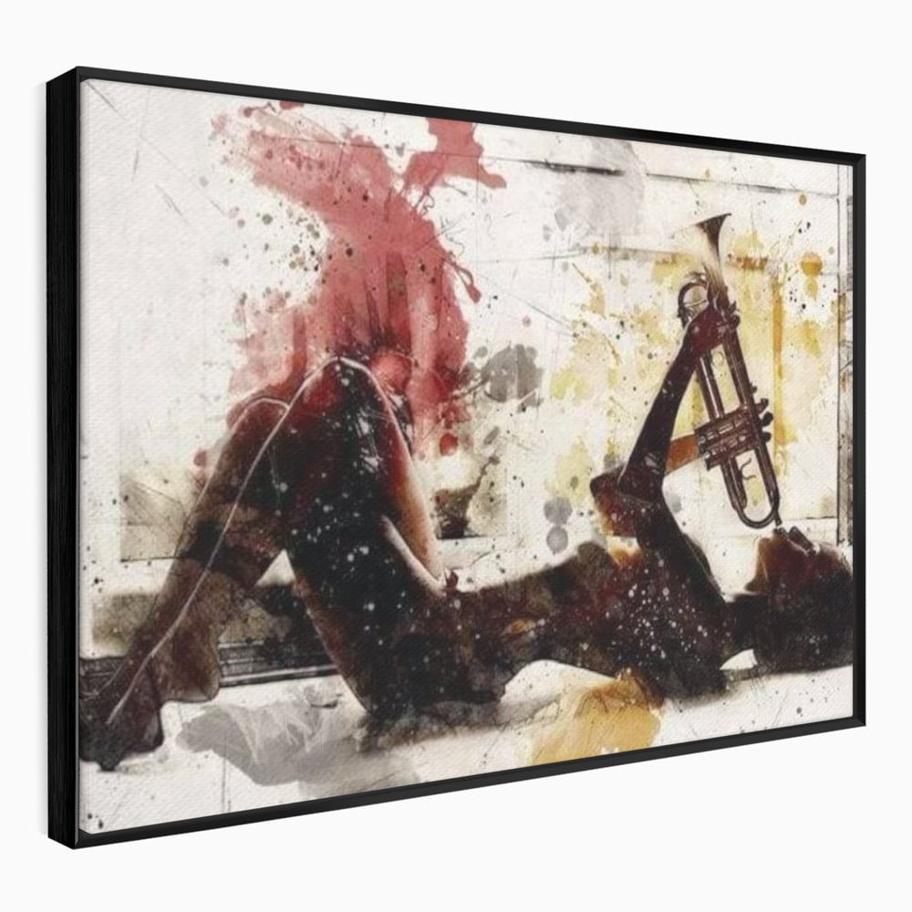 Tablou canvas cu tablou canvas cu silueta si trompeta, in rama de aluminiu negru