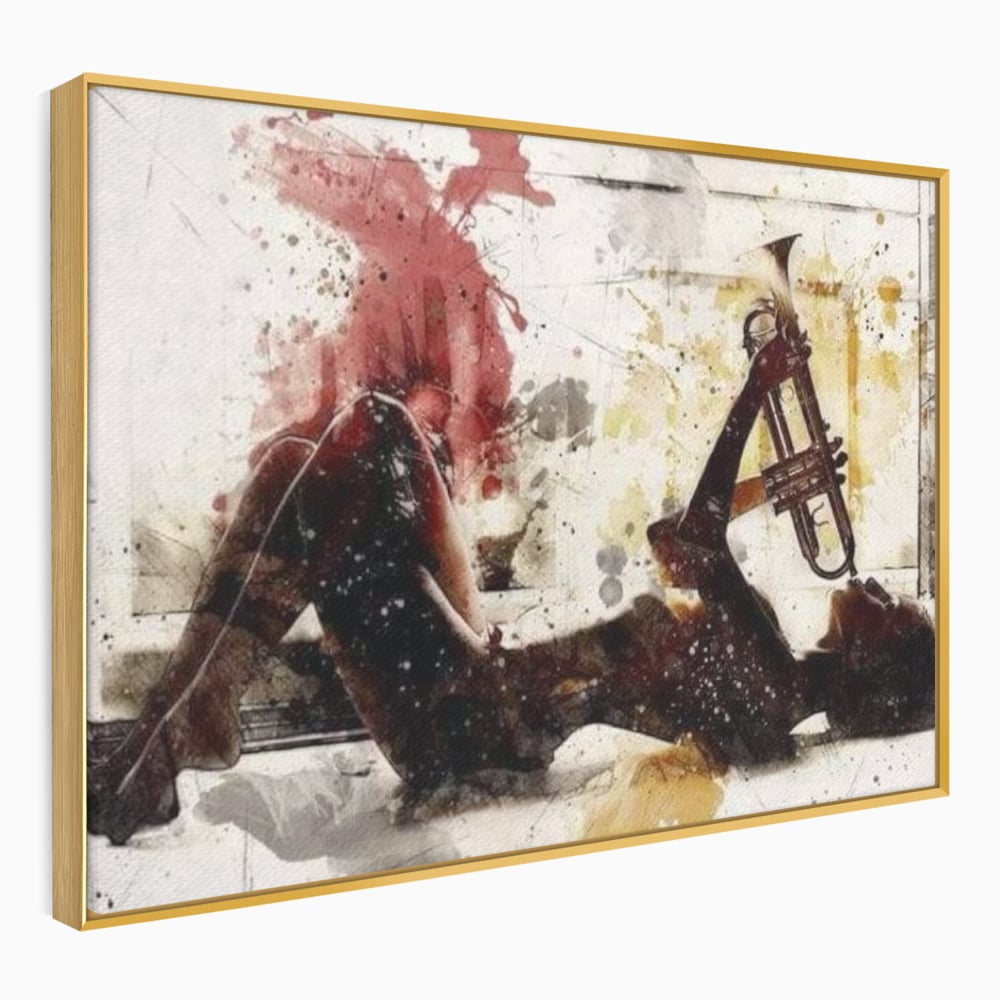 Tablou canvas cu tablou canvas cu silueta si trompeta, in rama de aluminiu auriu