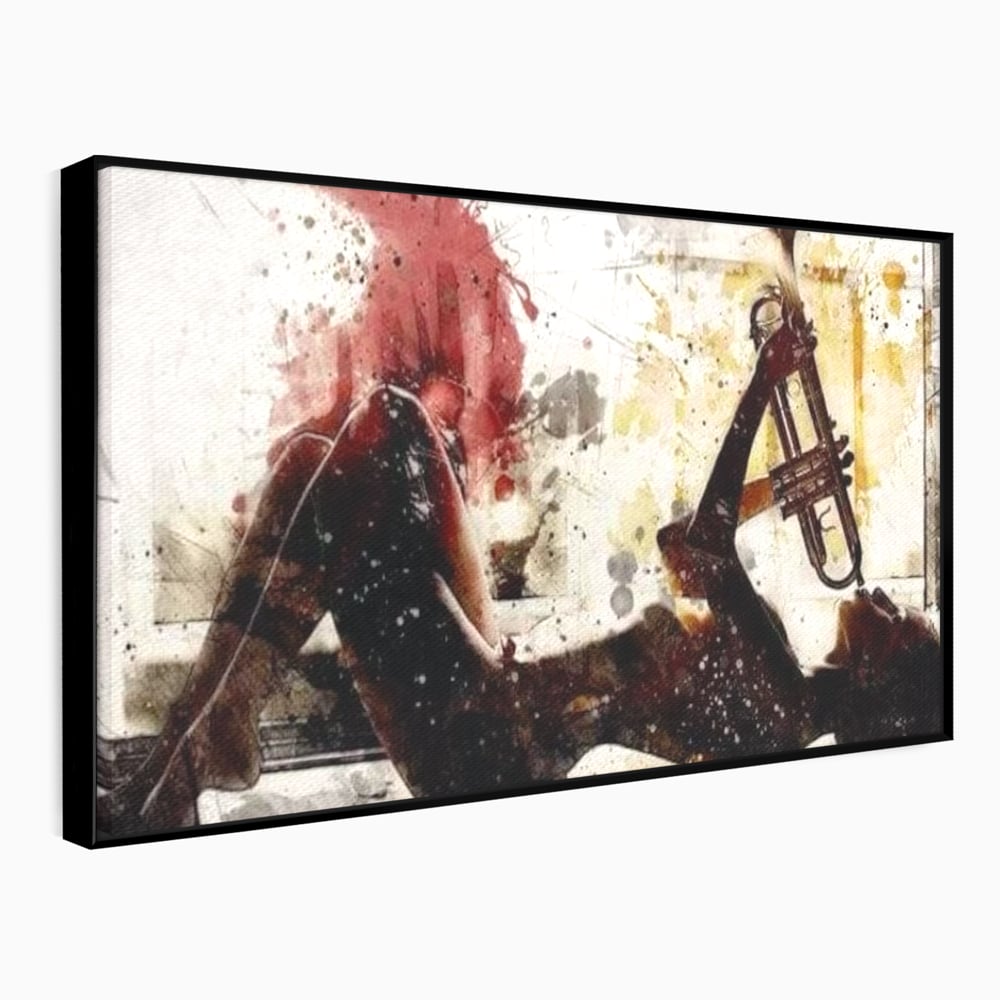 Tablou canvas cu tablou canvas cu silueta si trompeta, in rama de aluminiu negru