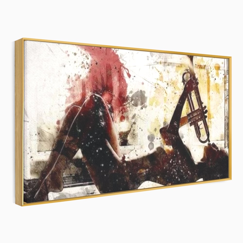 Tablou canvas cu tablou canvas cu silueta si trompeta, in rama de aluminiu auriu