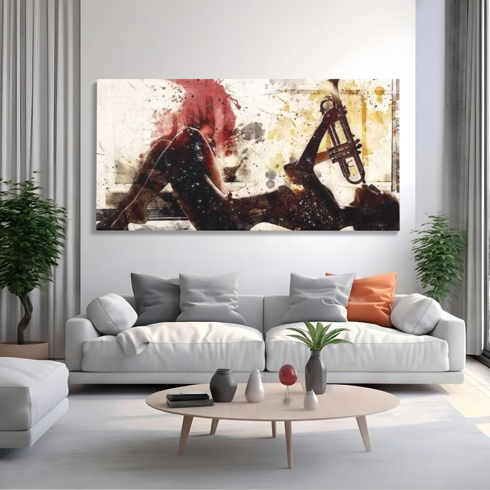 Tablou canvas cu tablou canvas cu silueta si trompeta, fara rama, pe sasiu de lemn, pe perete intr-un living