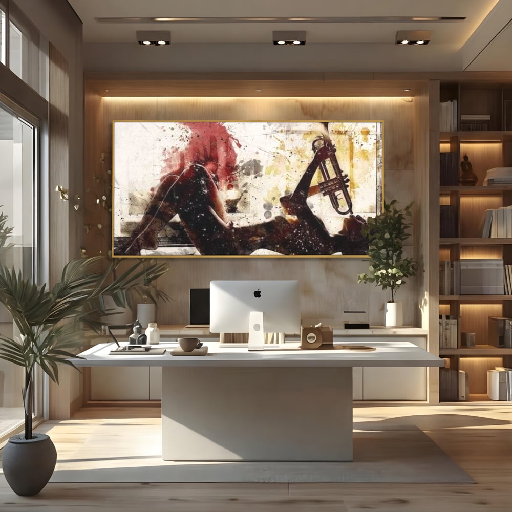 Tablou canvas cu tablou canvas cu silueta si trompeta, in rama de aluminiu auriu, pe perete intr-un birou