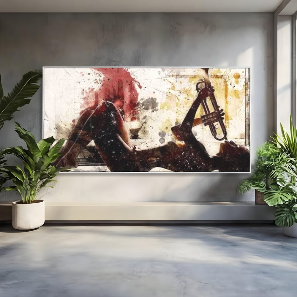 Tablou canvas cu tablou canvas cu silueta si trompeta, in rama de aluminiu argintiu