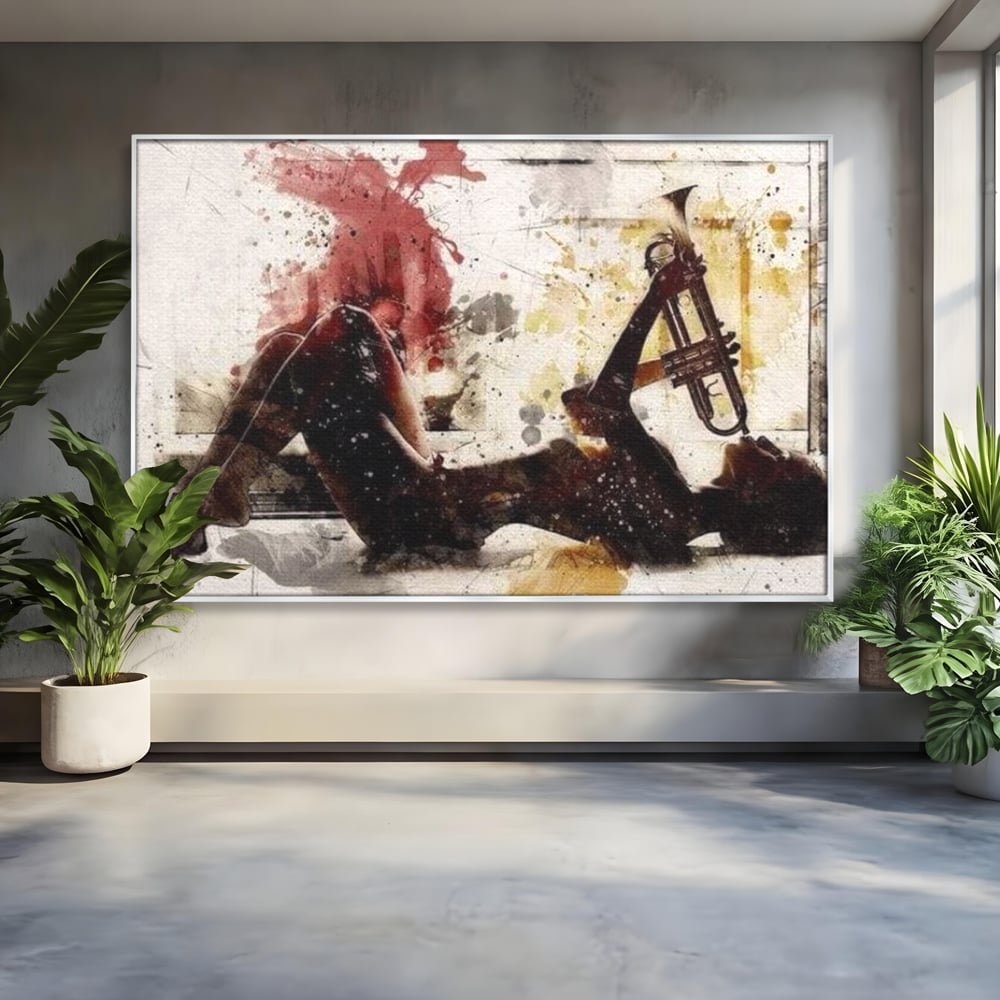 Tablou canvas cu tablou canvas cu silueta si trompeta, in rama de aluminiu argintiu