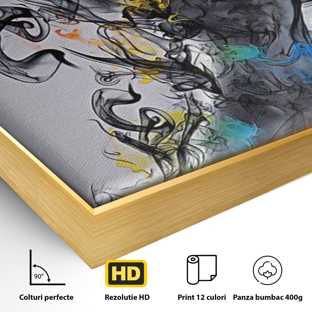 Detaliu al suprafetei: tablou canvas cu silueta feminina si fum, in rama de aluminiu auriu