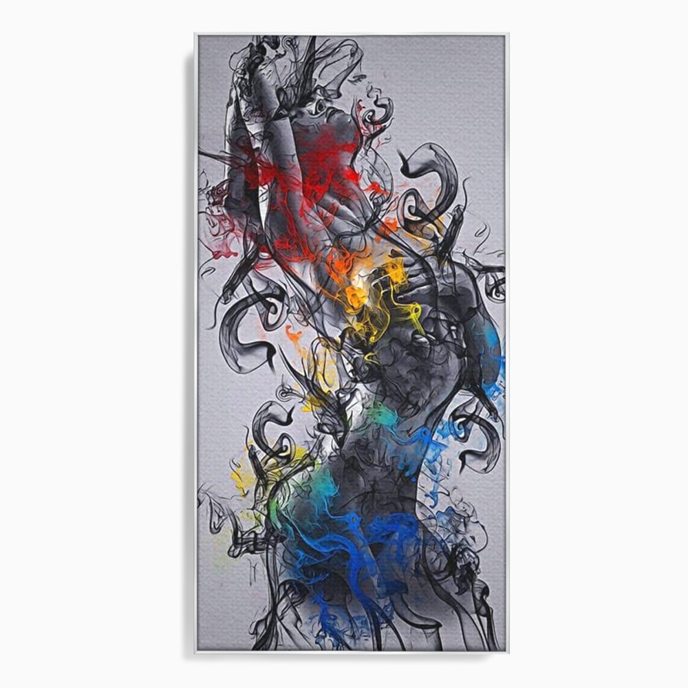 Tablou canvas cu tablou canvas cu silueta feminina si fum, in rama de aluminiu argintiu