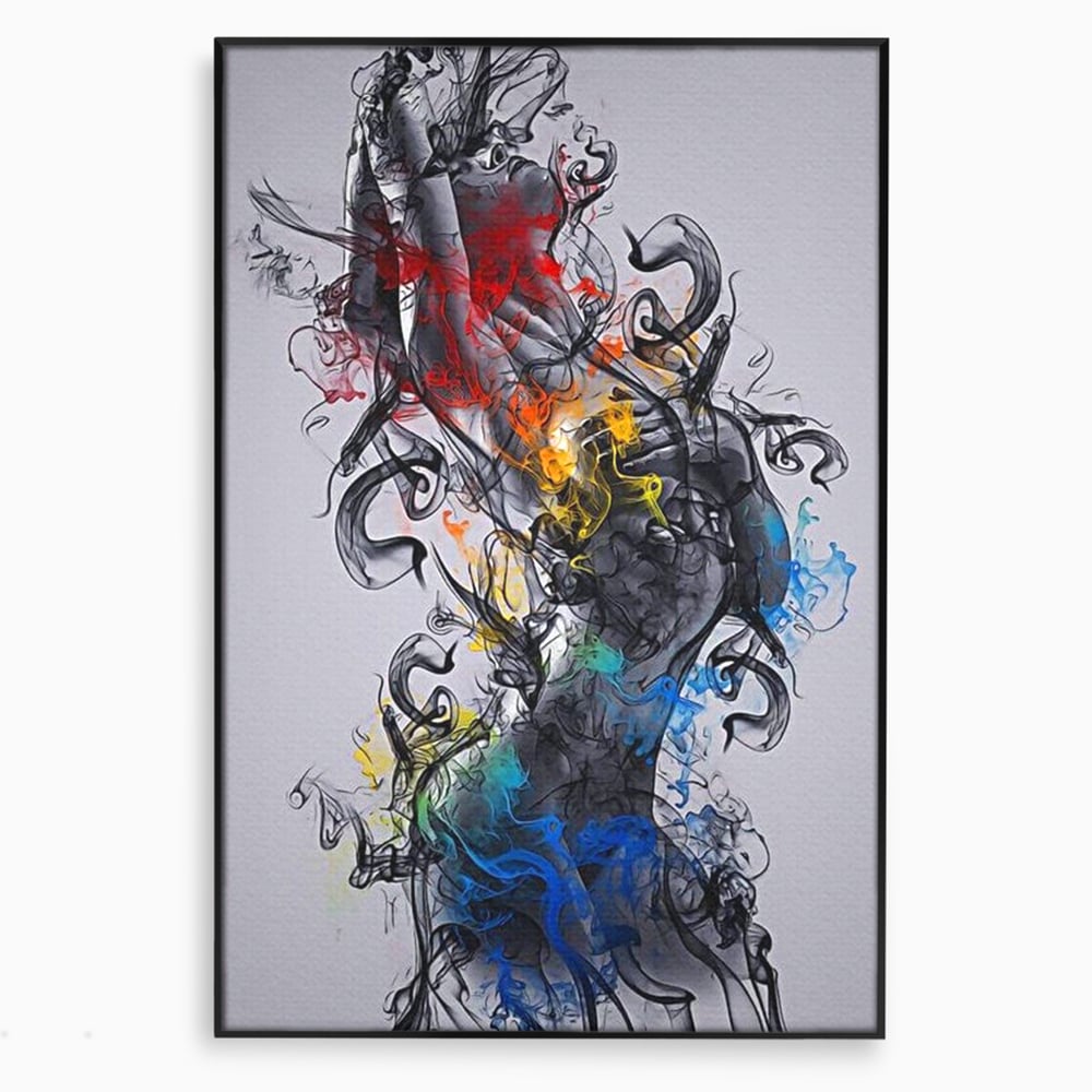 Tablou canvas cu tablou canvas cu silueta feminina si fum, in rama de aluminiu negru