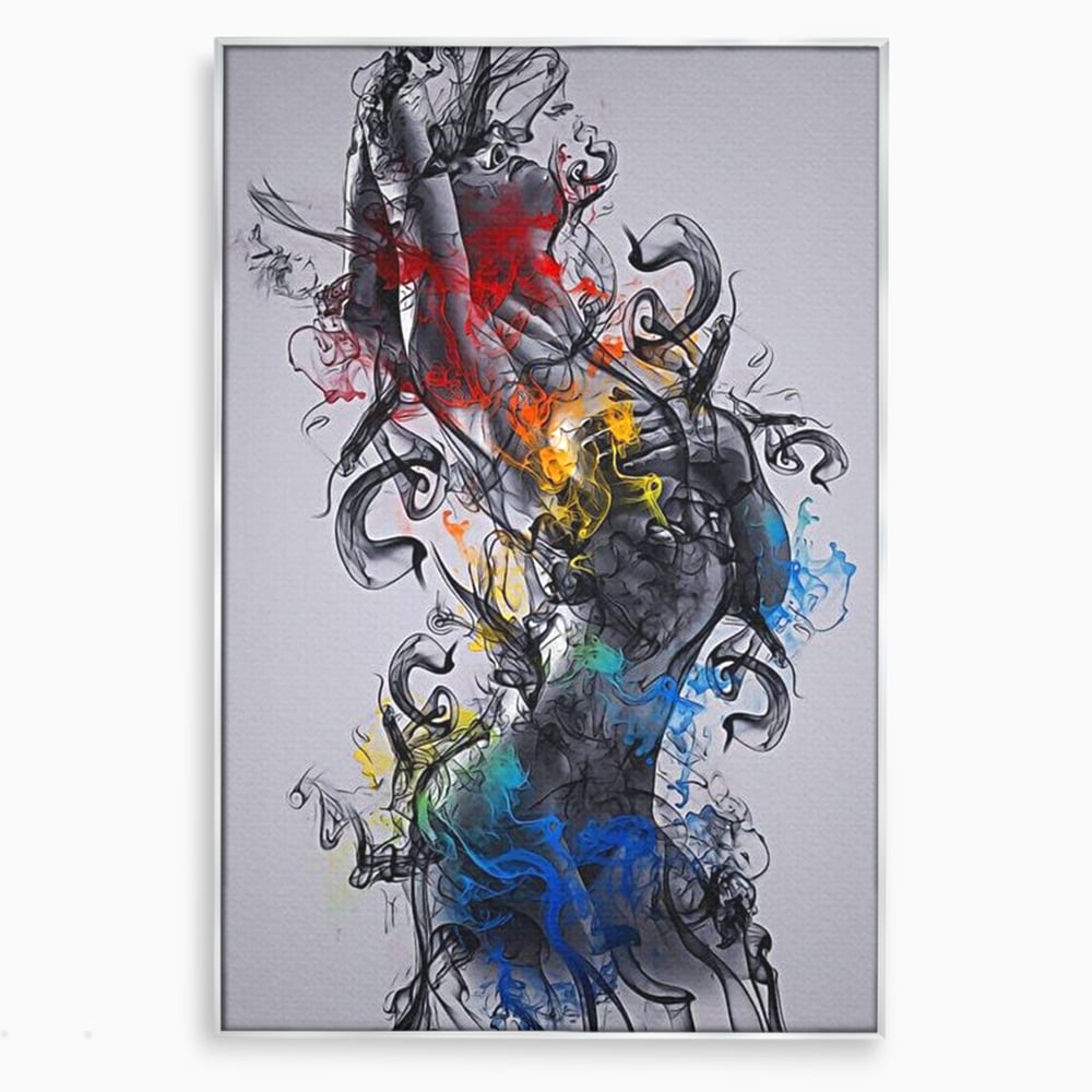 Tablou canvas cu tablou canvas cu silueta feminina si fum, in rama de aluminiu argintiu