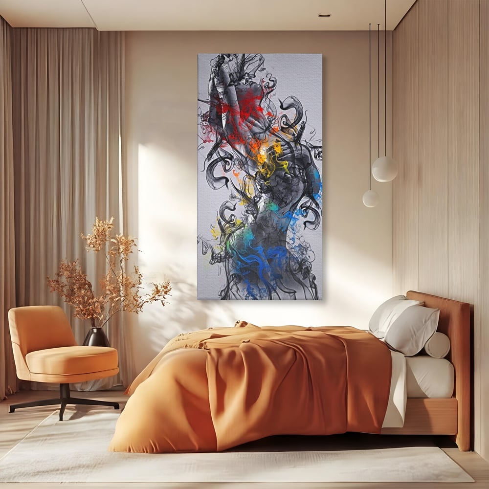 Tablou canvas cu tablou canvas cu silueta feminina si fum, fara rama, pe sasiu de lemn, pe perete intr-un dormitor