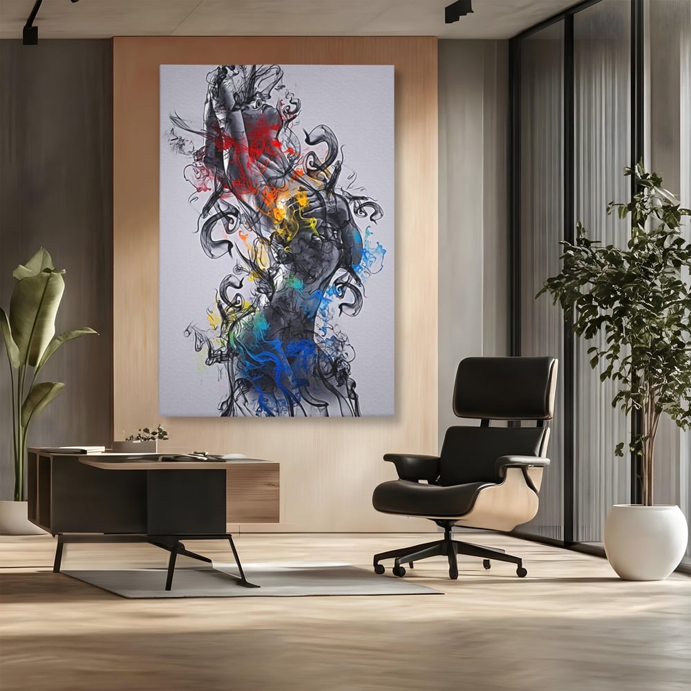 Tablou canvas cu tablou canvas cu silueta feminina si fum, fara rama, pe sasiu de lemn, pe perete intr-un birou