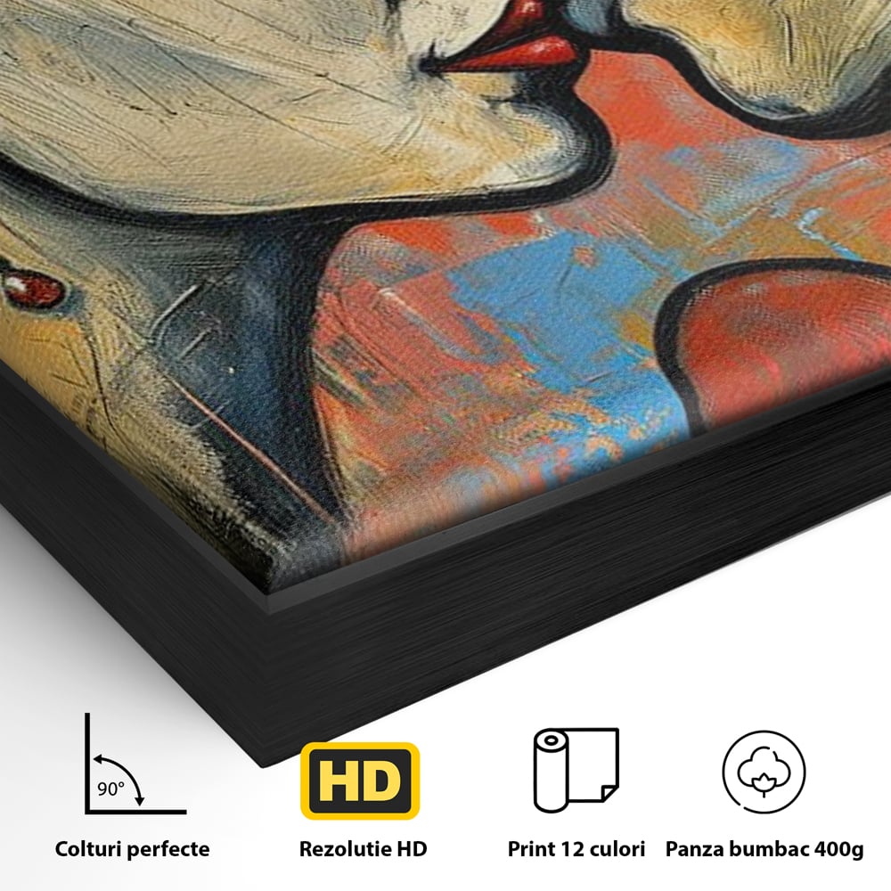 Detaliu al suprafetei: tablou canvas cu sarut pasional, in rama de aluminiu negru
