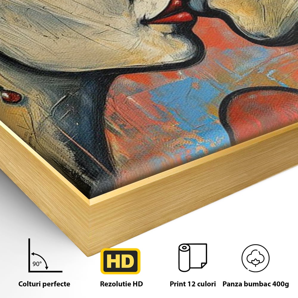 Detaliu al suprafetei: tablou canvas cu sarut pasional, in rama de aluminiu auriu