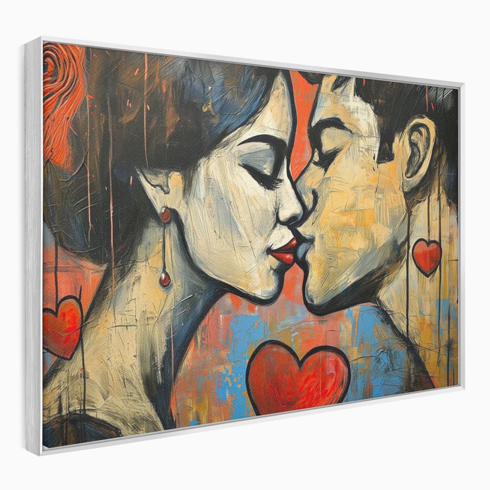 Tablou canvas cu tablou canvas cu sarut pasional, in rama de aluminiu argintiu