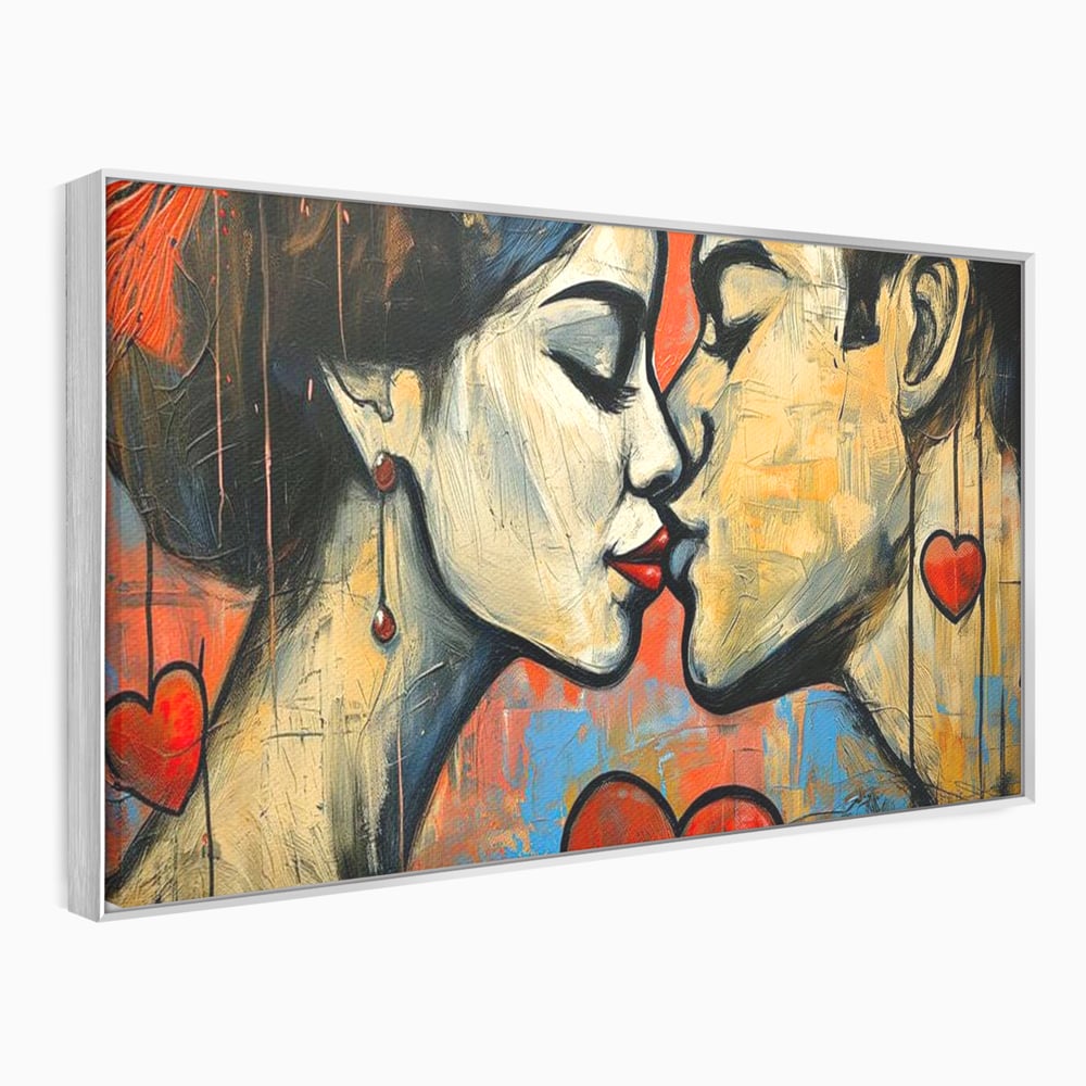 Tablou canvas cu tablou canvas cu sarut pasional, in rama de aluminiu argintiu