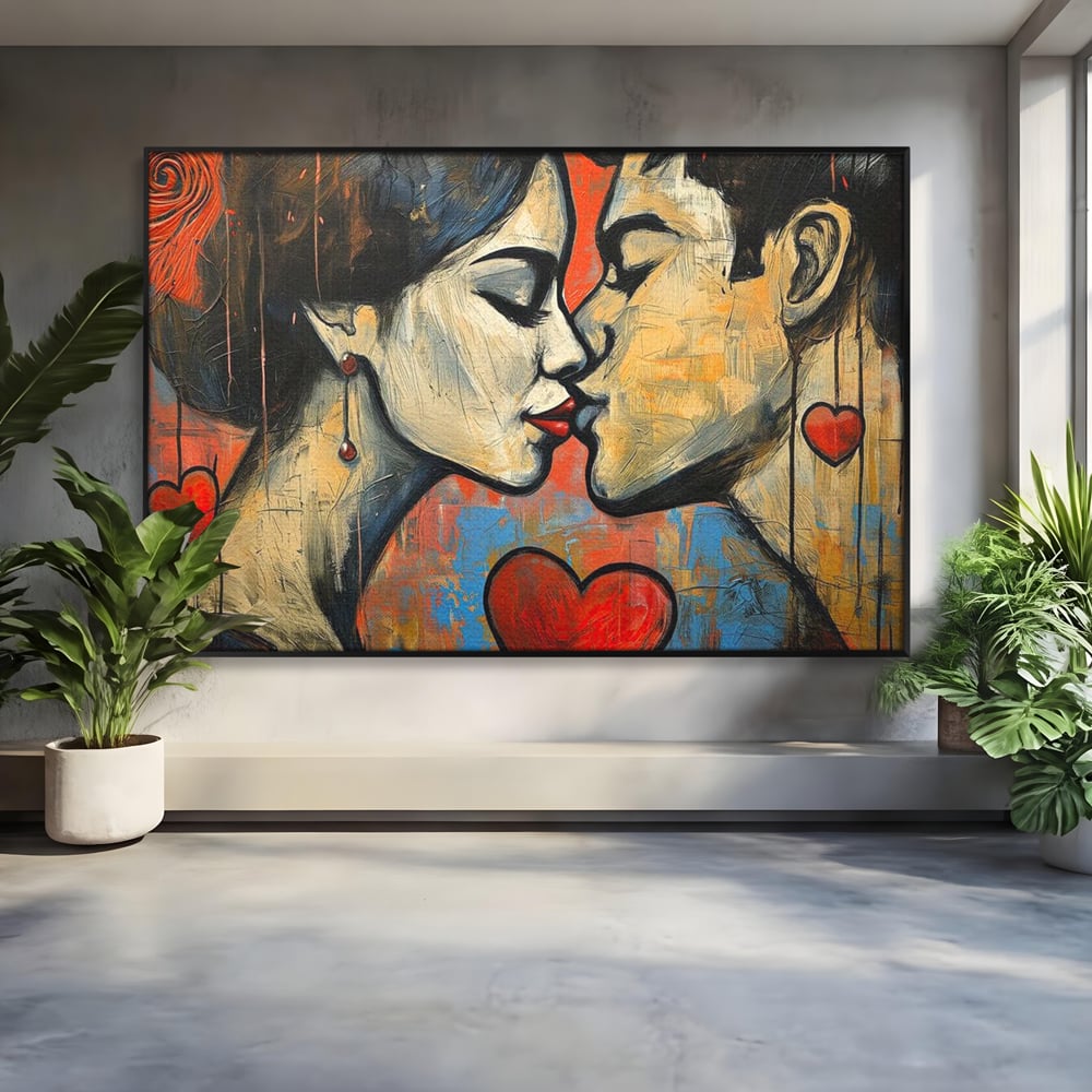 Tablou canvas cu tablou canvas cu sarut pasional, in rama de aluminiu negru