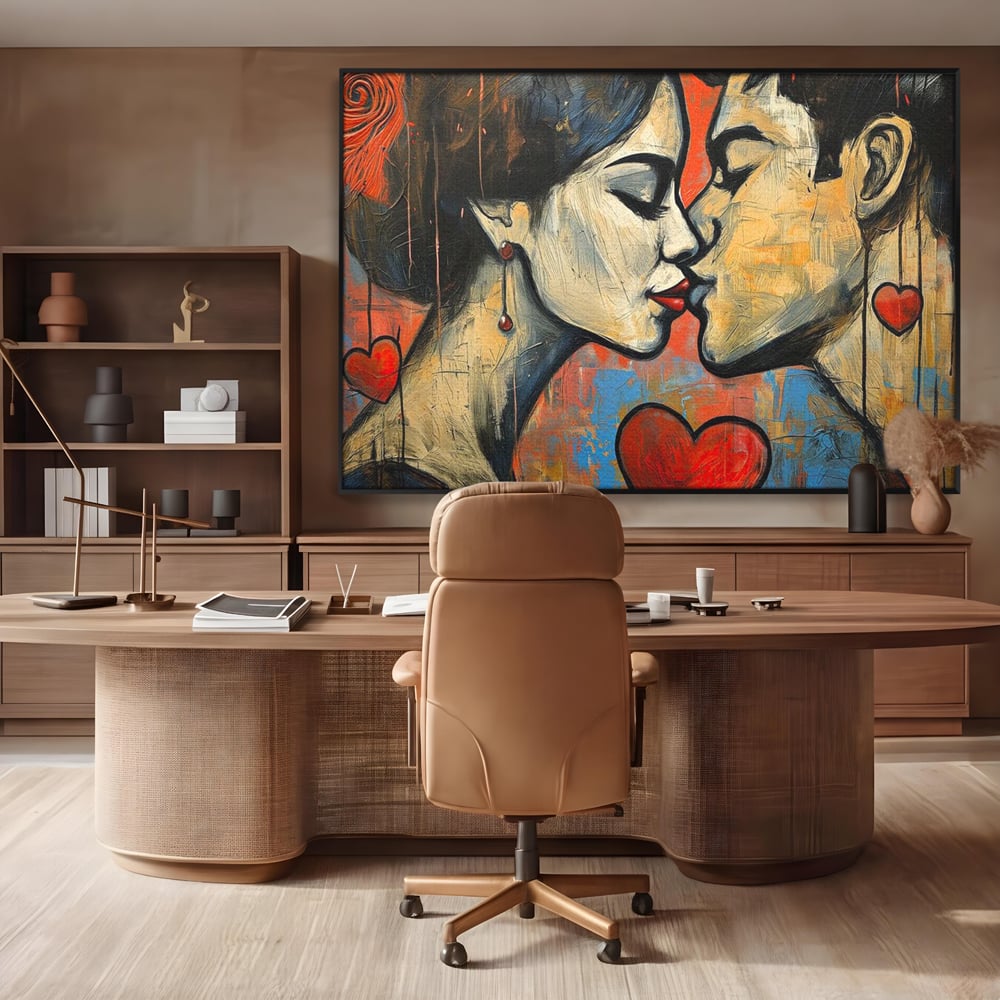Tablou canvas cu tablou canvas cu sarut pasional, in rama de aluminiu negru, pe perete intr-un birou
