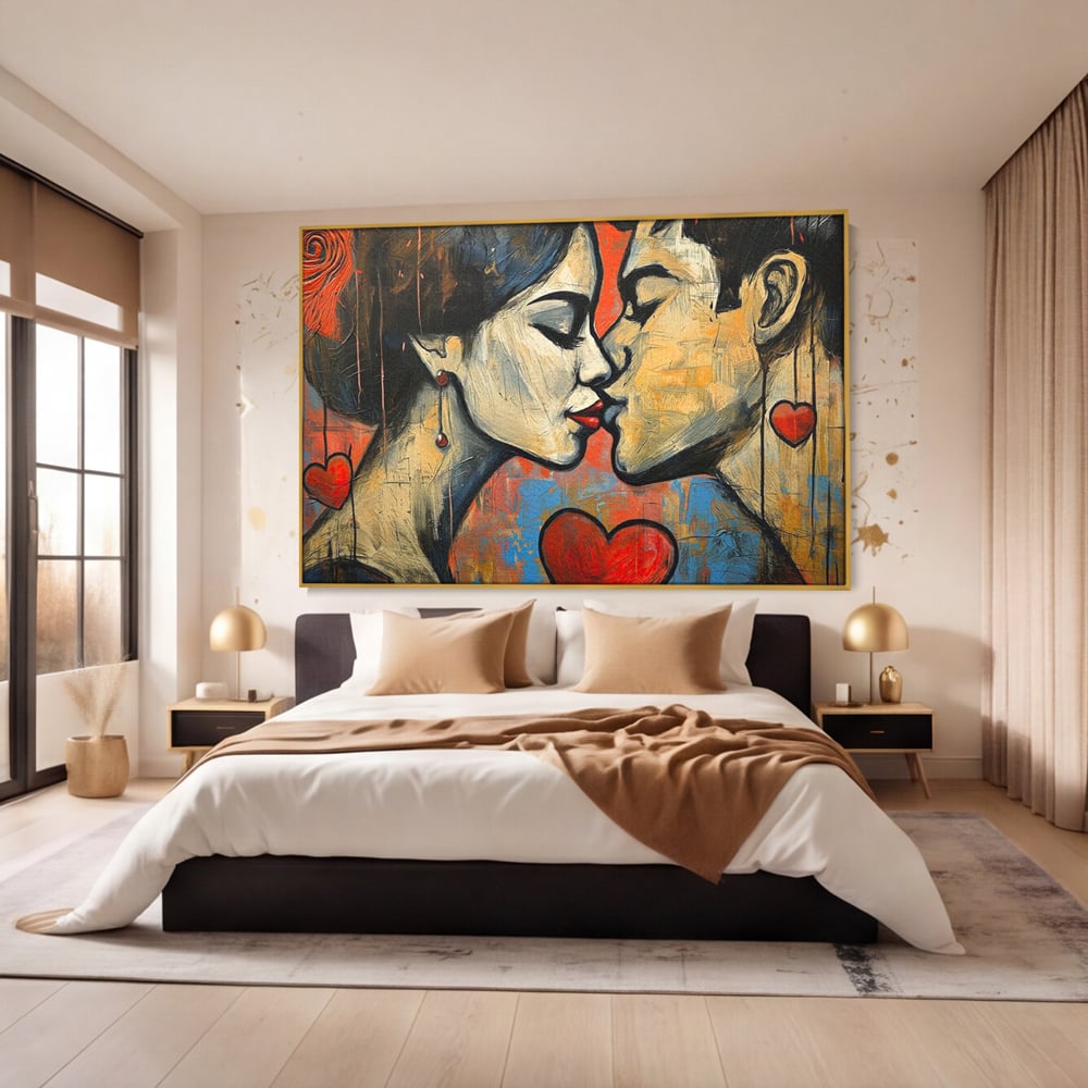 Tablou canvas cu tablou canvas cu sarut pasional, in rama de aluminiu auriu, pe perete intr-un dormitor