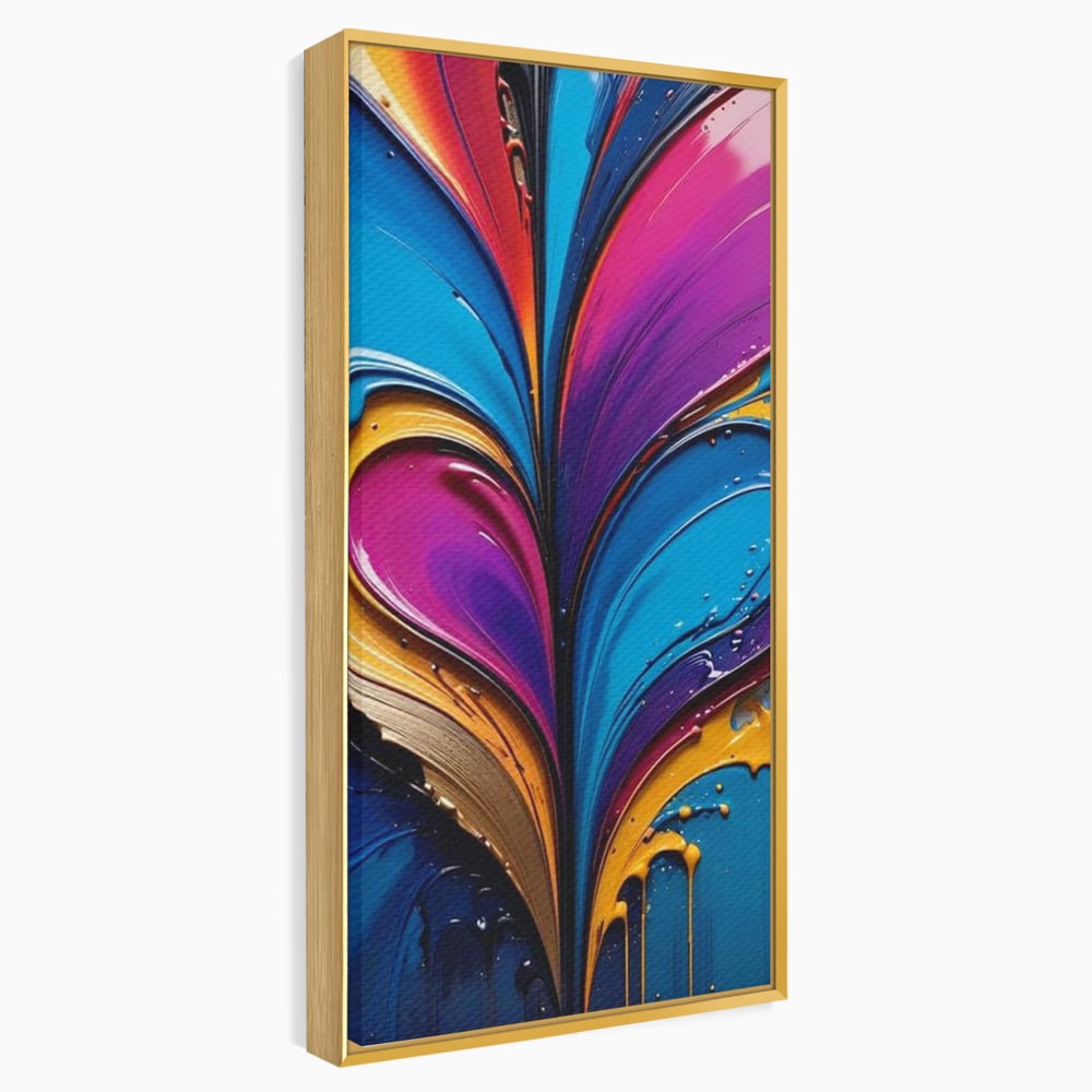 Tablou canvas cu pictura abstracta cu valuri colorate, in rama de aluminiu auriu
