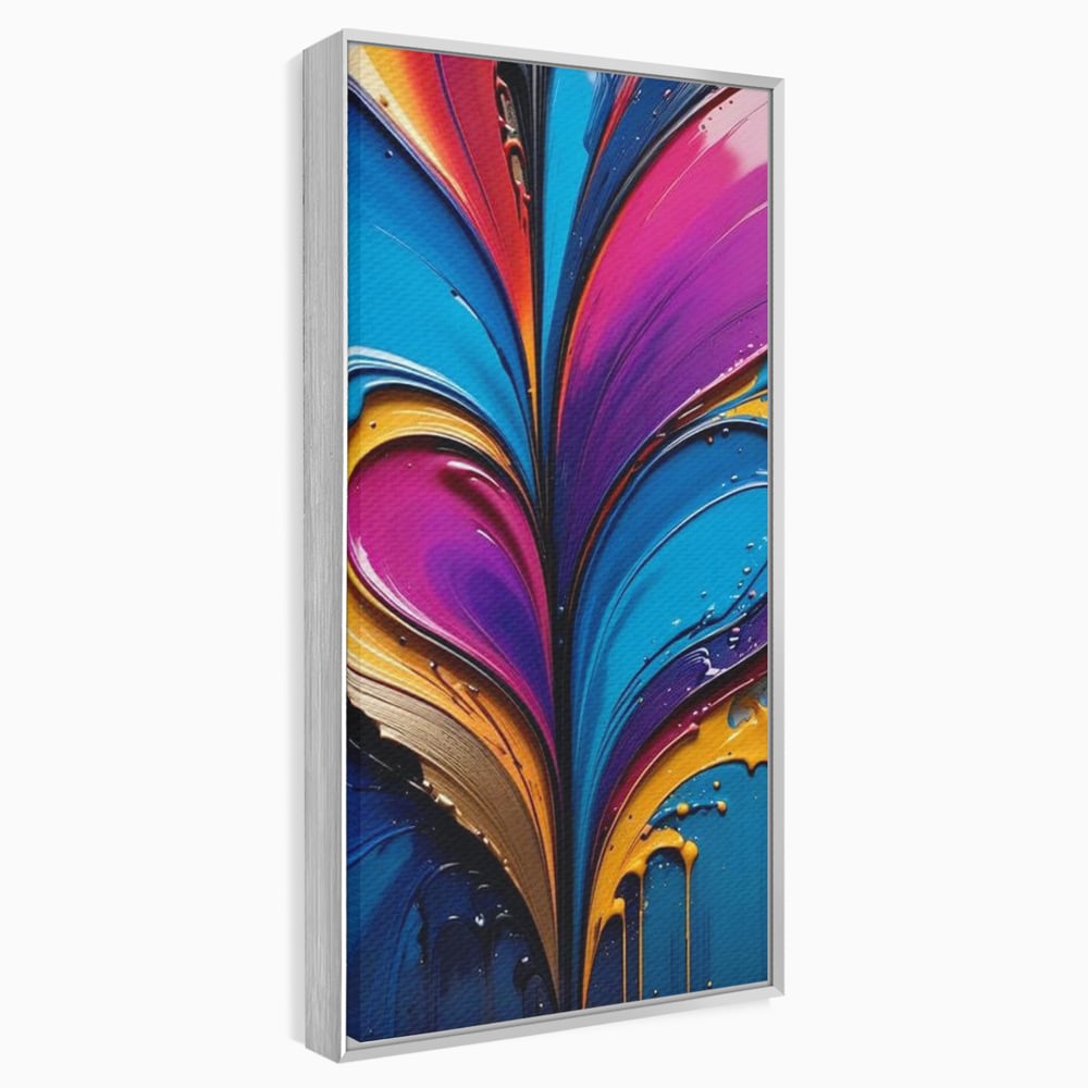 Tablou canvas cu pictura abstracta cu valuri colorate, in rama de aluminiu argintiu