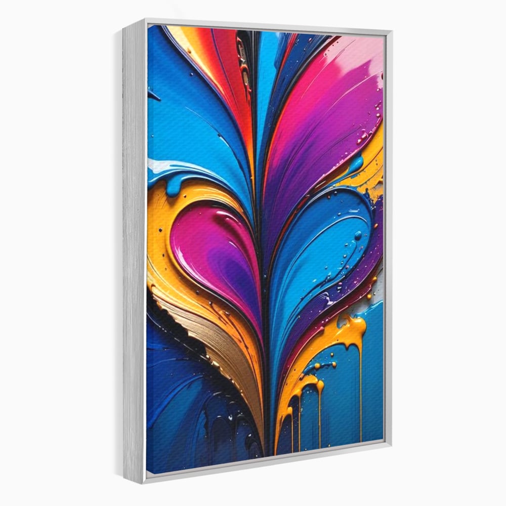 Tablou canvas cu pictura abstracta cu valuri colorate, in rama de aluminiu argintiu