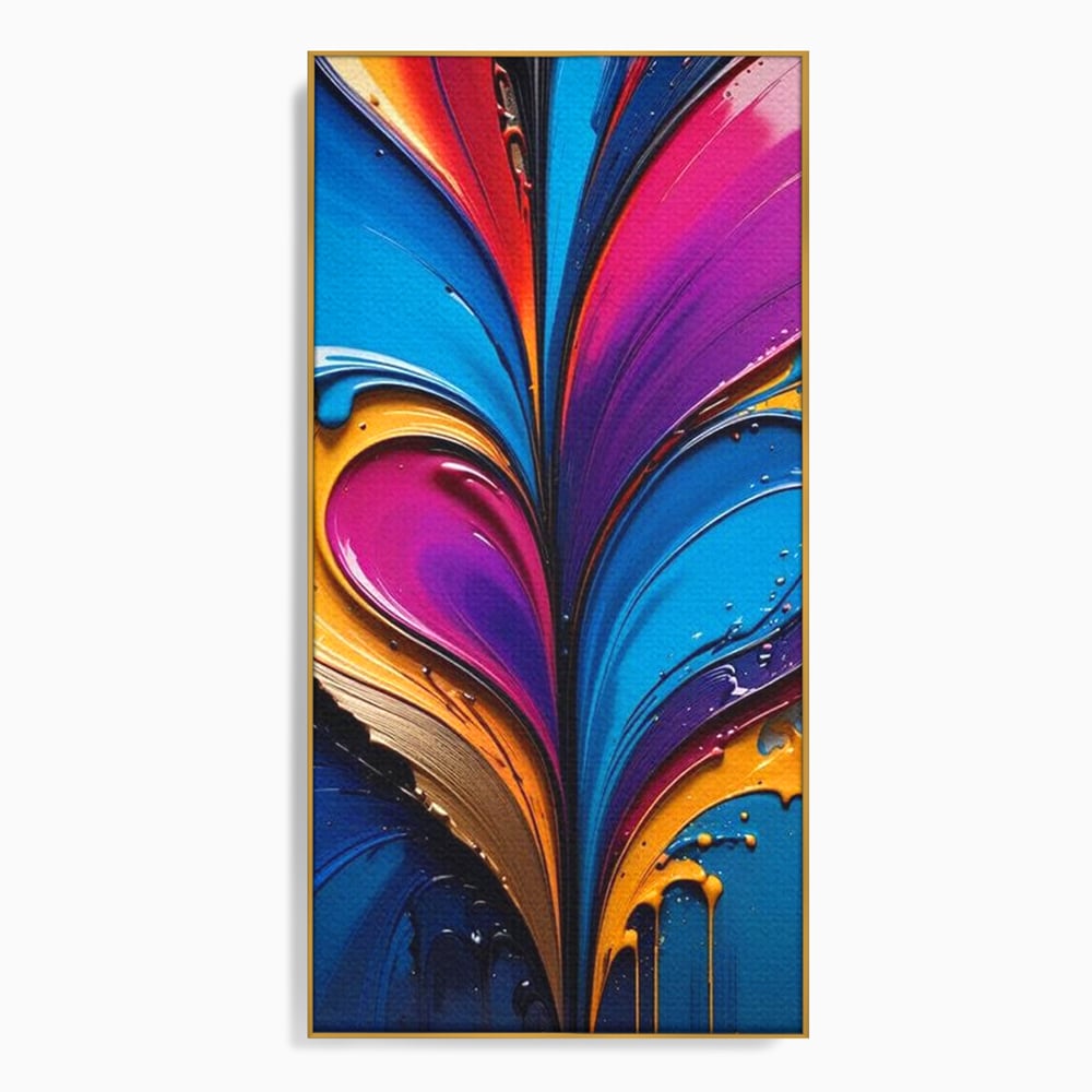Tablou canvas cu pictura abstracta cu valuri colorate, in rama de aluminiu auriu