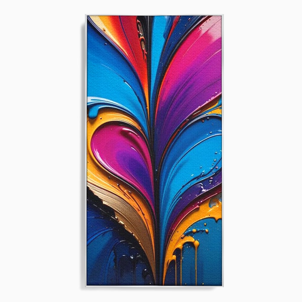 Tablou canvas cu pictura abstracta cu valuri colorate, in rama de aluminiu argintiu