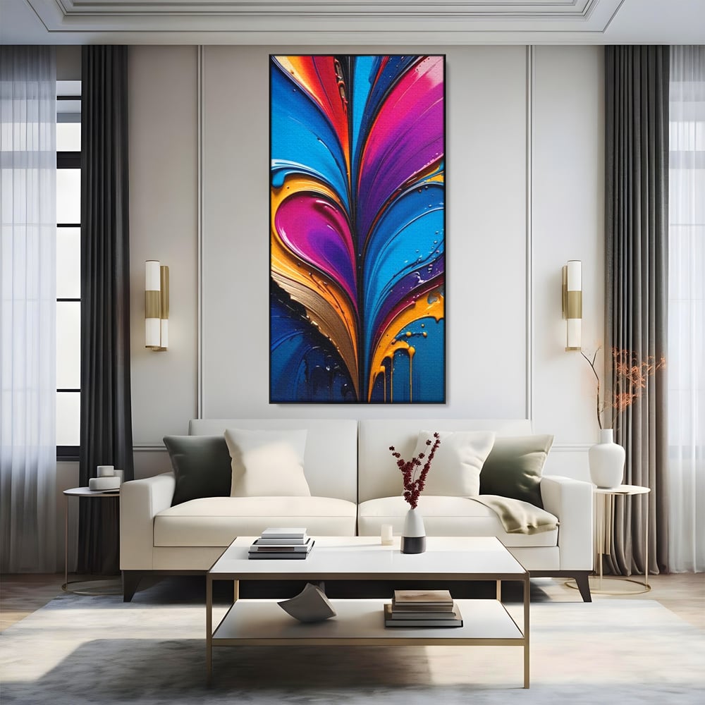 Tablou canvas cu pictura abstracta cu valuri colorate, in rama de aluminiu negru, pe perete intr-un living