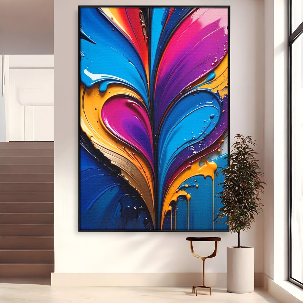 Tablou canvas cu pictura abstracta cu valuri colorate, in rama de aluminiu negru
