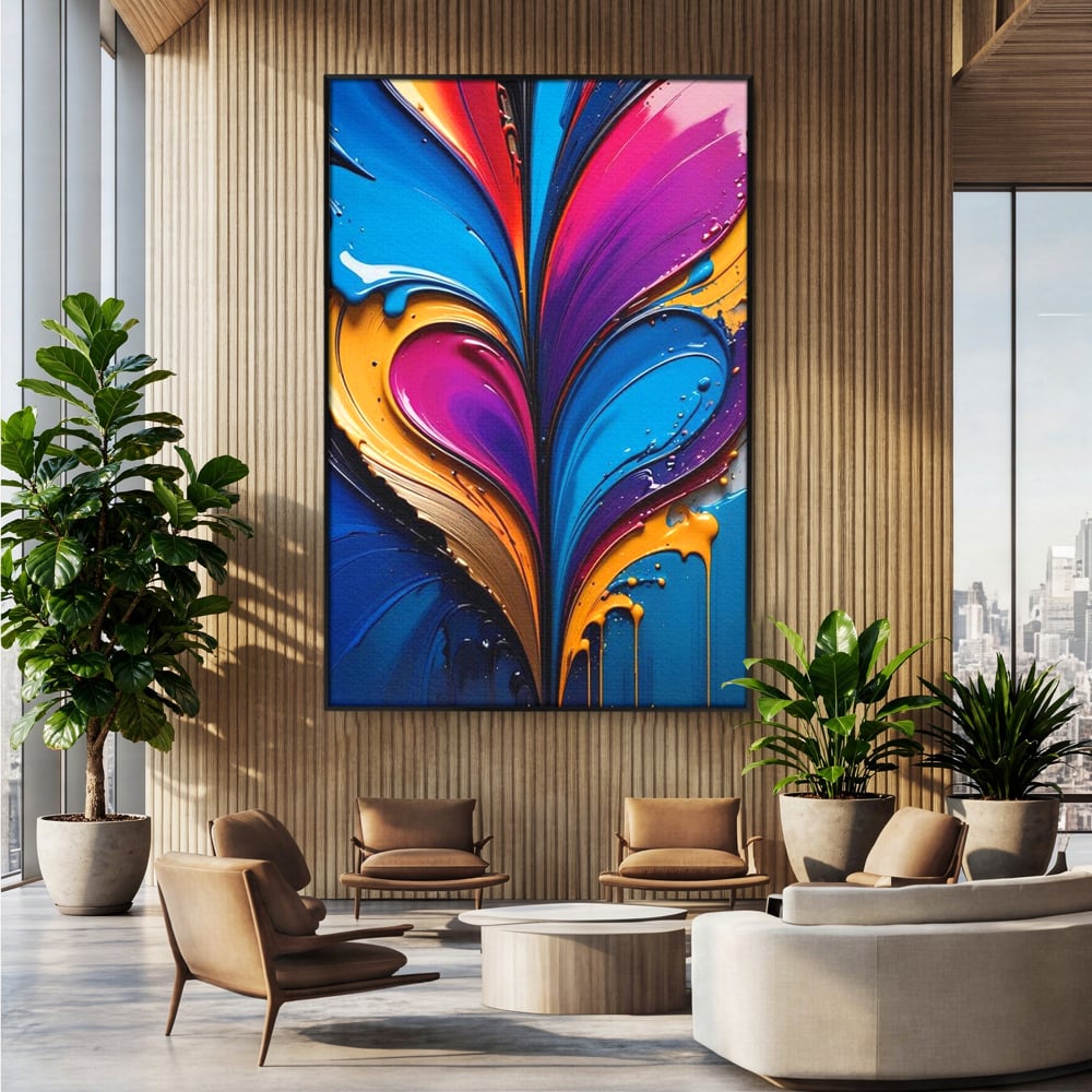 Tablou canvas cu pictura abstracta cu valuri colorate, in rama de aluminiu negru, pe perete intr-un birou