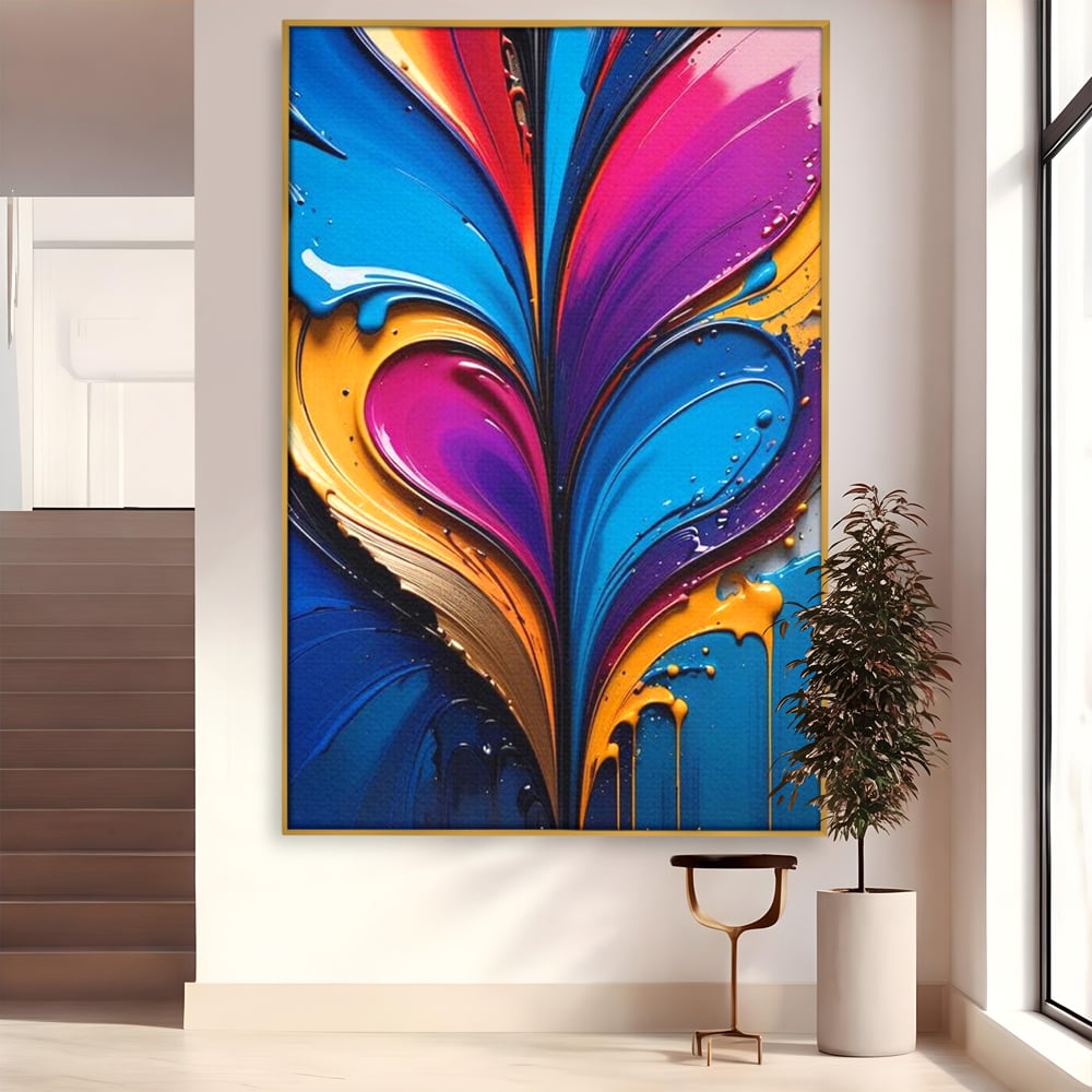Tablou canvas cu pictura abstracta cu valuri colorate, in rama de aluminiu auriu