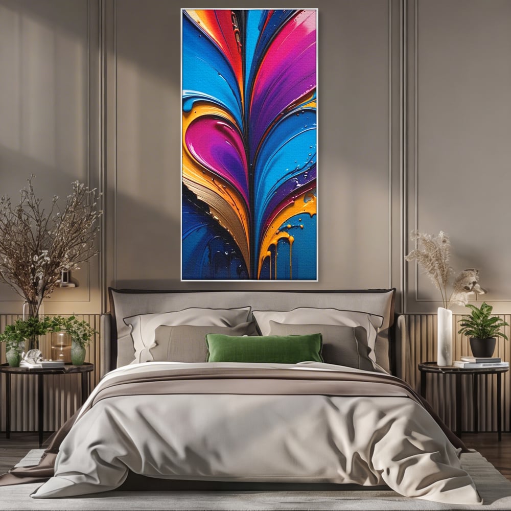 Tablou canvas cu pictura abstracta cu valuri colorate, in rama de aluminiu argintiu, pe perete intr-un dormitor