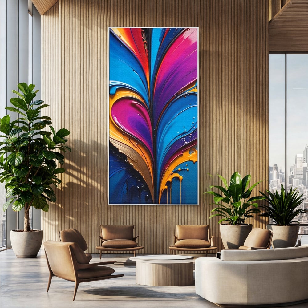 Tablou canvas cu pictura abstracta cu valuri colorate, in rama de aluminiu argintiu, pe perete intr-un birou