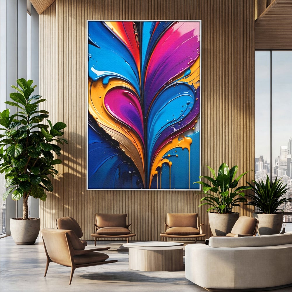 Tablou canvas cu pictura abstracta cu valuri colorate, in rama de aluminiu argintiu, pe perete intr-un birou