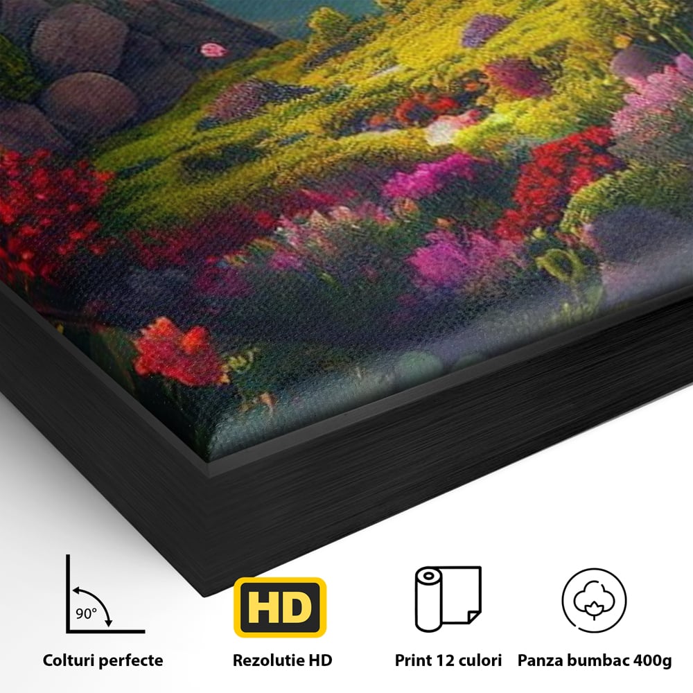 Detaliu al suprafetei: ilustratie digitala peisaj in forma de inima, in rama de aluminiu negru