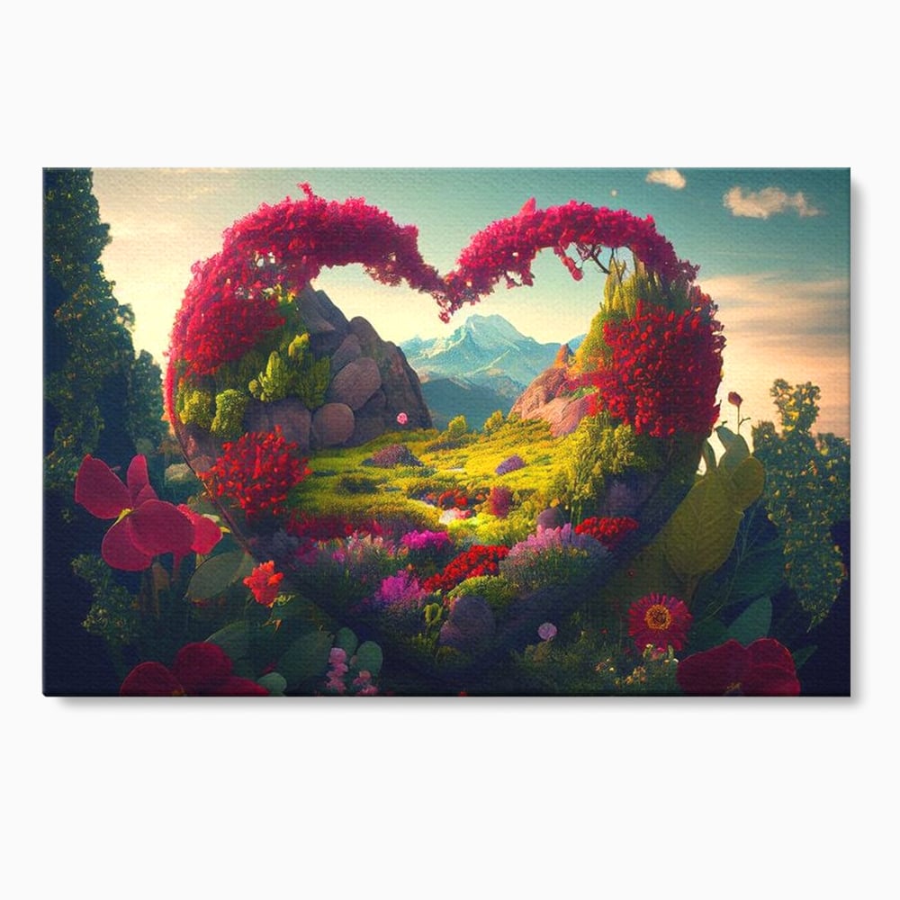 Tablou canvas cu ilustratie digitala peisaj in forma de inima, fara rama, pe sasiu de lemn