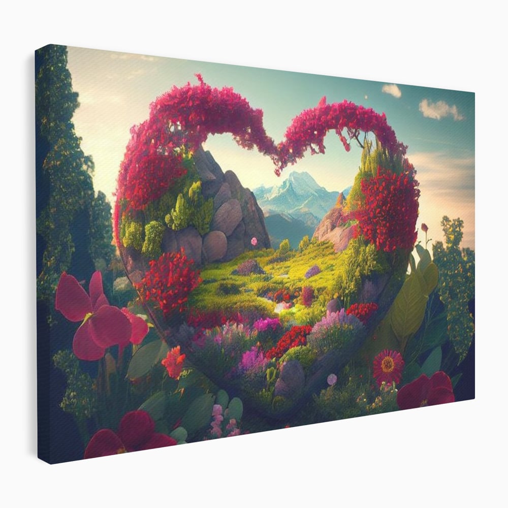Tablou canvas cu ilustratie digitala peisaj in forma de inima, fara rama, pe sasiu de lemn