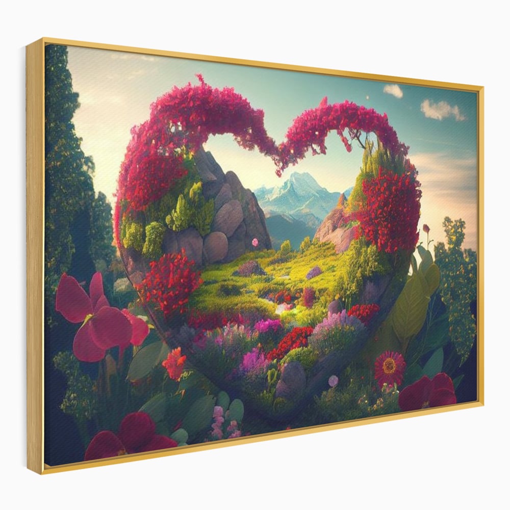 Tablou canvas cu ilustratie digitala peisaj in forma de inima, in rama de aluminiu auriu