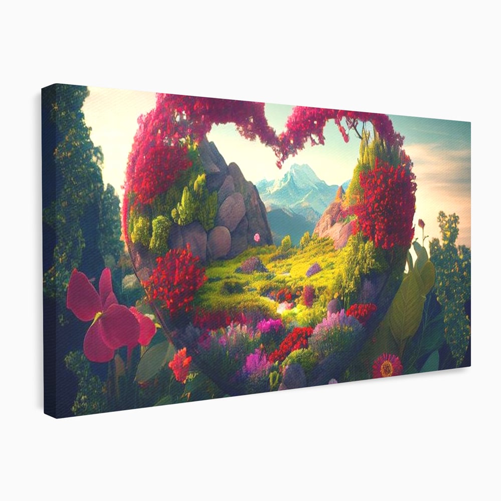 Tablou canvas cu ilustratie digitala peisaj in forma de inima, fara rama, pe sasiu de lemn
