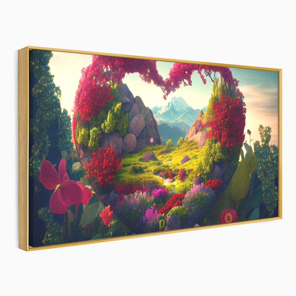 Tablou canvas cu ilustratie digitala peisaj in forma de inima, in rama de aluminiu auriu