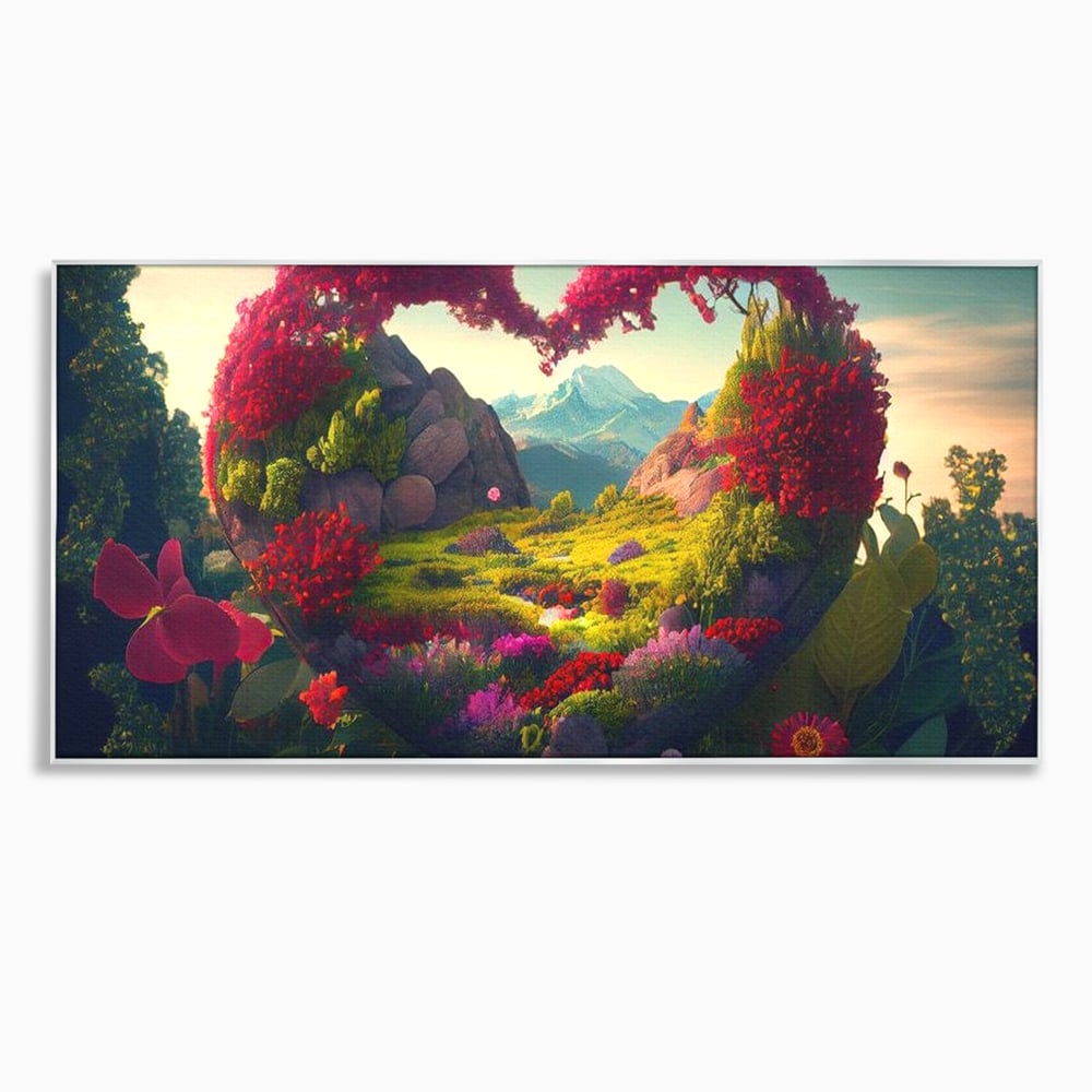 Tablou canvas cu ilustratie digitala peisaj in forma de inima, in rama de aluminiu argintiu