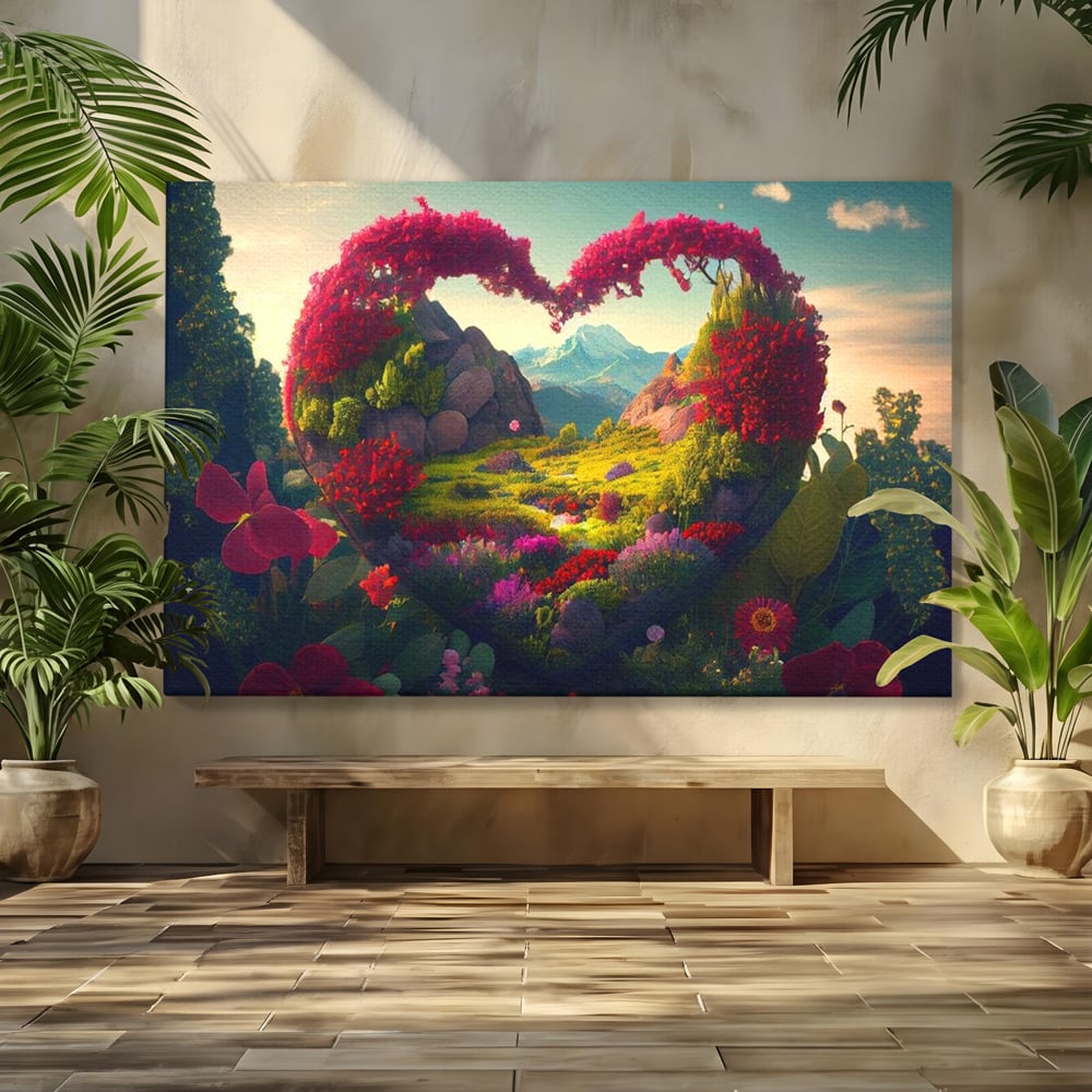 Tablou canvas cu ilustratie digitala peisaj in forma de inima, fara rama, pe sasiu de lemn