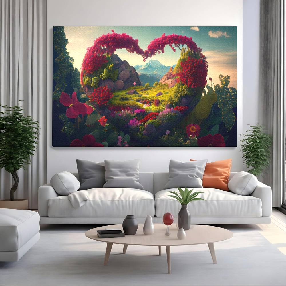 Tablou canvas cu ilustratie digitala peisaj in forma de inima, fara rama, pe sasiu de lemn, pe perete intr-un living