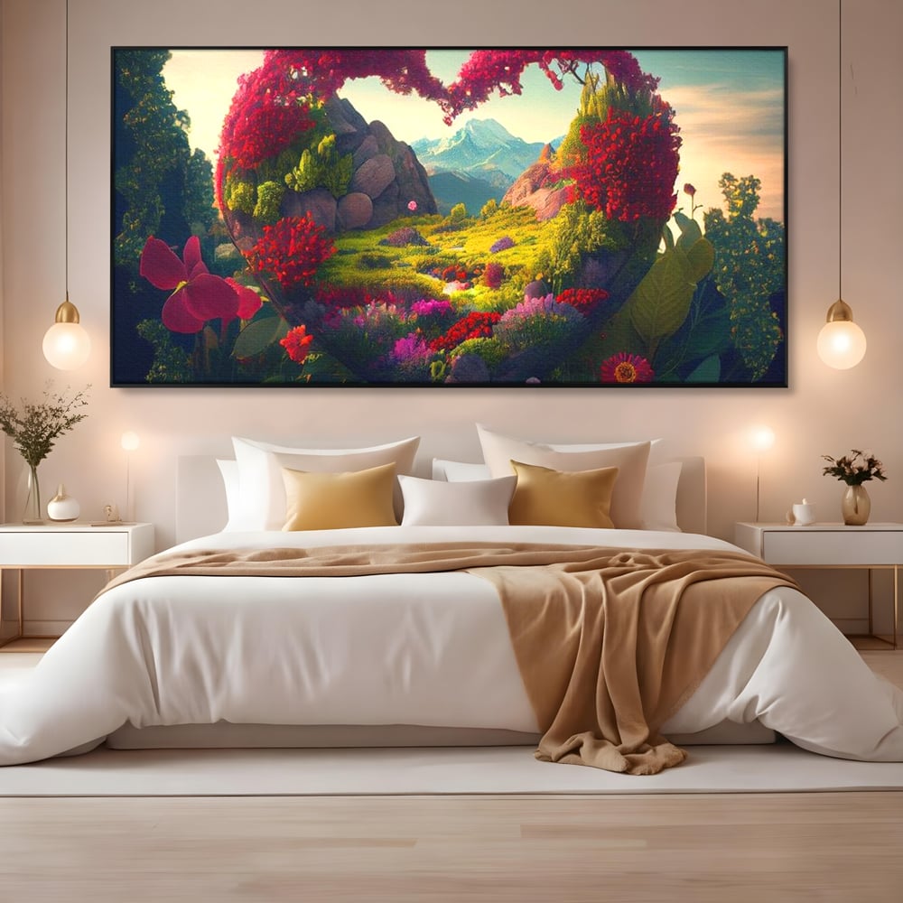 Tablou canvas cu ilustratie digitala peisaj in forma de inima, in rama de aluminiu negru, pe perete intr-un dormitor