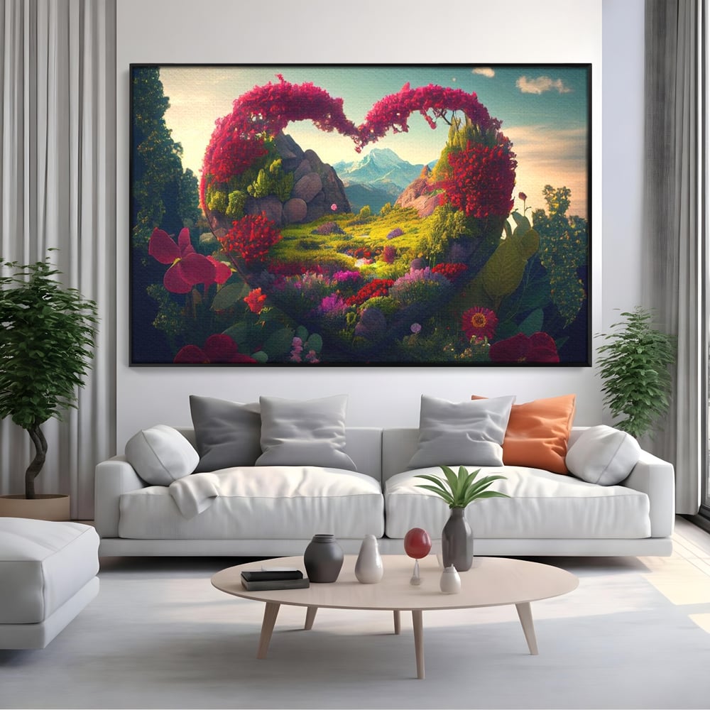 Tablou canvas cu ilustratie digitala peisaj in forma de inima, in rama de aluminiu negru, pe perete intr-un living