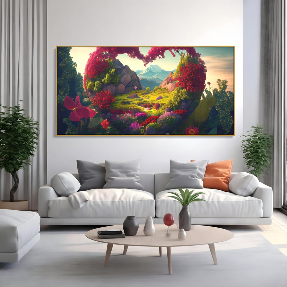 Tablou canvas cu ilustratie digitala peisaj in forma de inima, in rama de aluminiu auriu, pe perete intr-un living