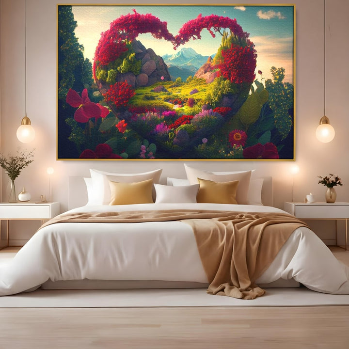 Tablou canvas cu ilustratie digitala peisaj in forma de inima, in rama de aluminiu auriu, pe perete intr-un dormitor