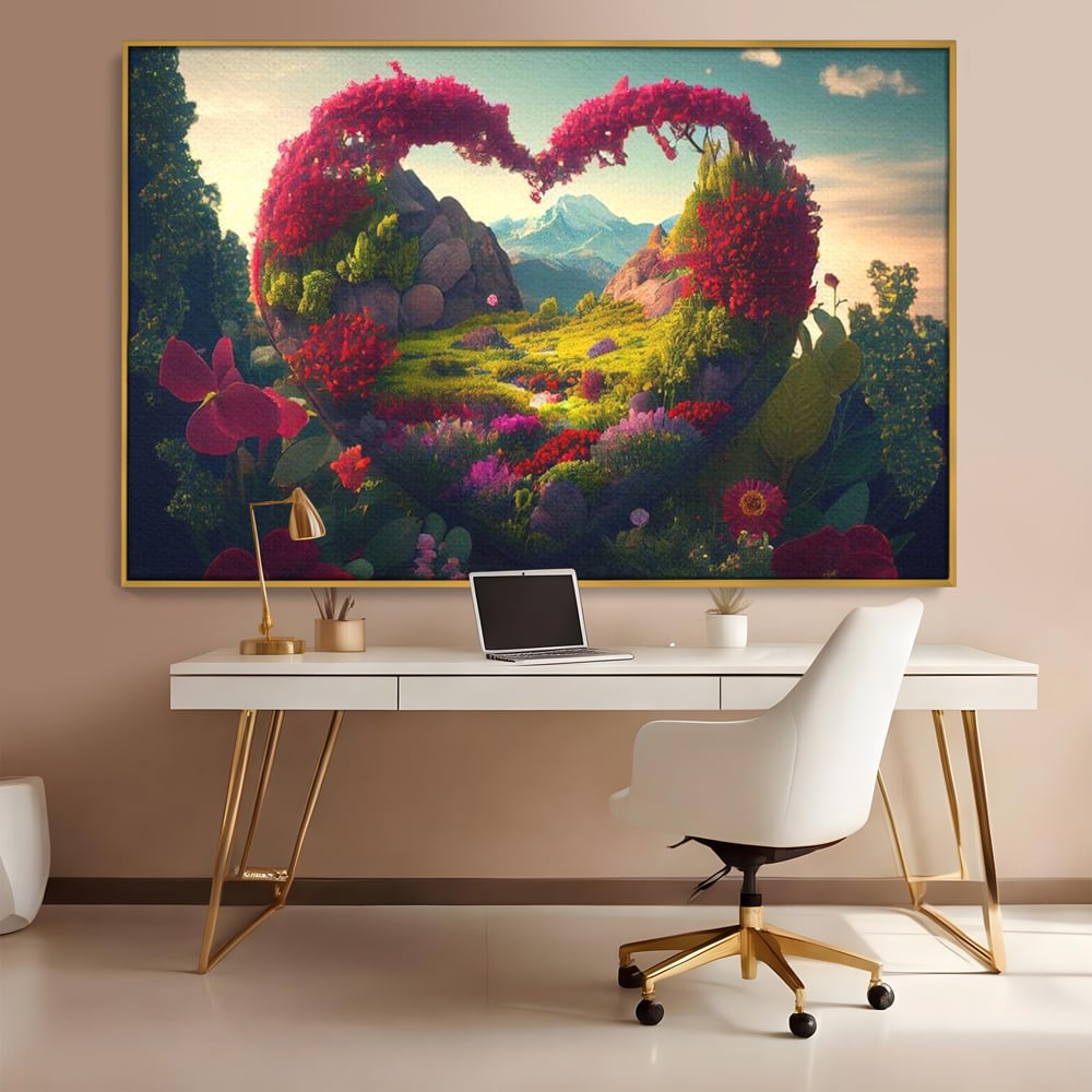 Tablou canvas cu ilustratie digitala peisaj in forma de inima, in rama de aluminiu auriu, pe perete intr-un birou