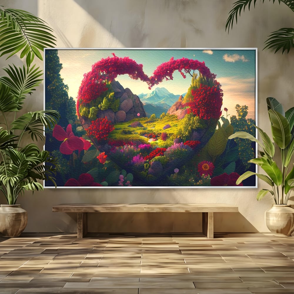Tablou canvas cu ilustratie digitala peisaj in forma de inima, in rama de aluminiu argintiu